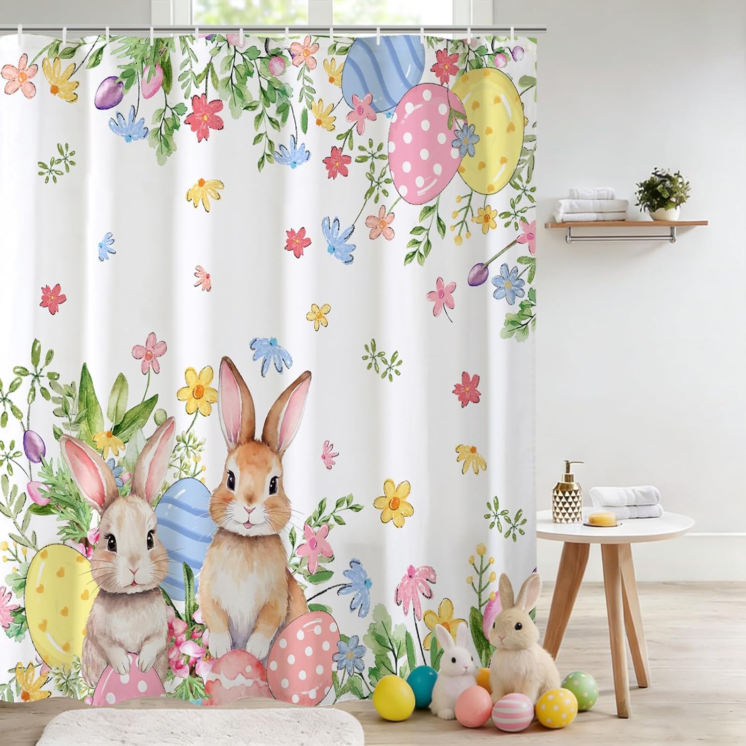 Baccessor Easter Bunnies Eggs Shower Curtain,Cute Rabbits Spring Flowers Shower Curtain Bathroom Bath Home Decor Waterproof Polyester Fabric with Hooks 72 W x72 H Inch