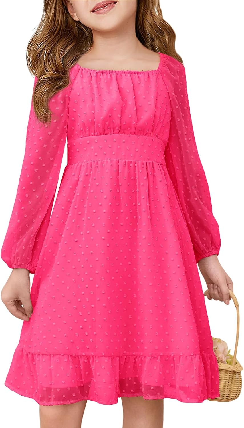 Haloumoning Girls Long Sleeve Dress Kids Ruffle Tiered Dress Swiss Dot Flowy A Line Dresses 5-14 Years