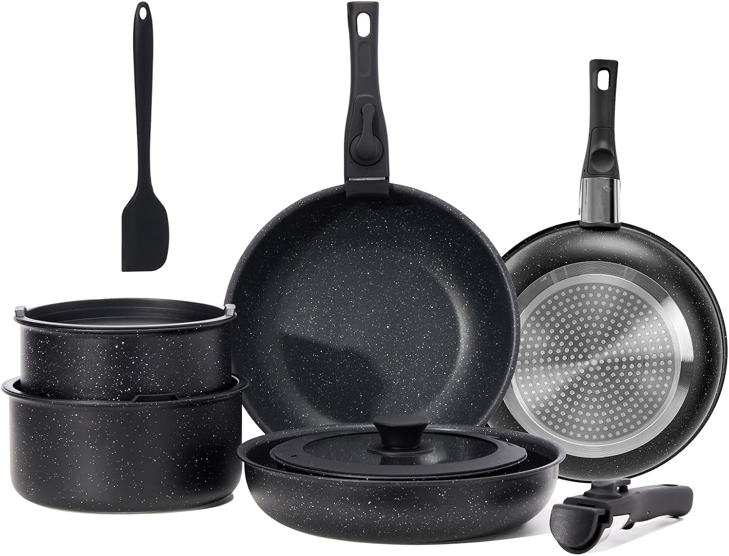 12-Piece Nonstick Cookware Set, Detachable Handle Kitchen Pots and Pans, Induction Compatible, Dishwasher & Oven Safe, Space-Saving, Black