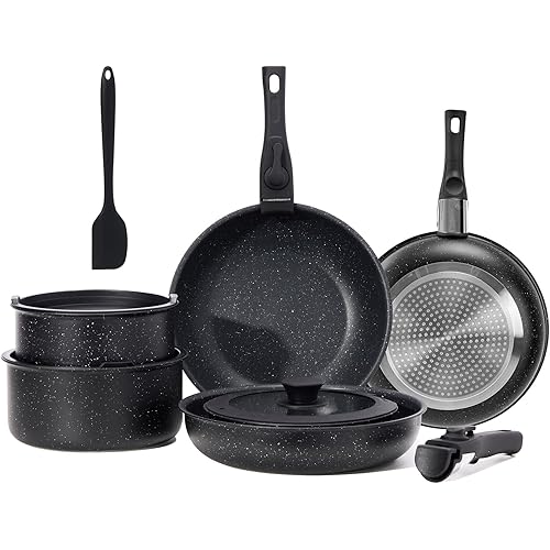 12-Piece Nonstick Cookware Set, Detachable Handle Kitchen Pots and Pans, Induction Compatible, Dishwasher & Oven Safe, Space-Saving, Black