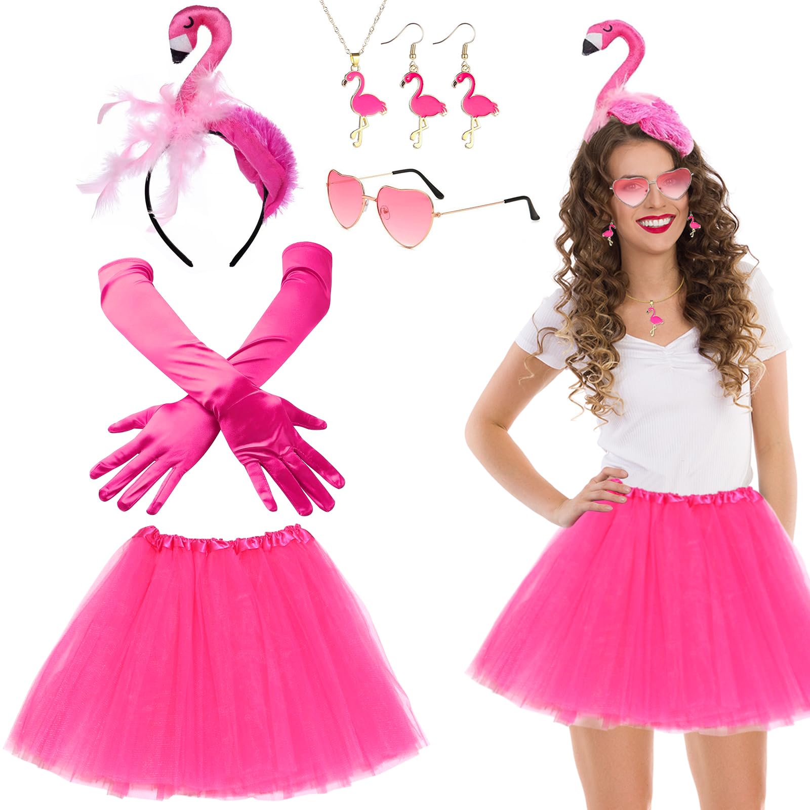 UGBO Women's Flamingo Costume Carnival Costume Adult with Headband Pink Tulle Skirt Gloves Sunglasses for Hawaiian Party Carnival