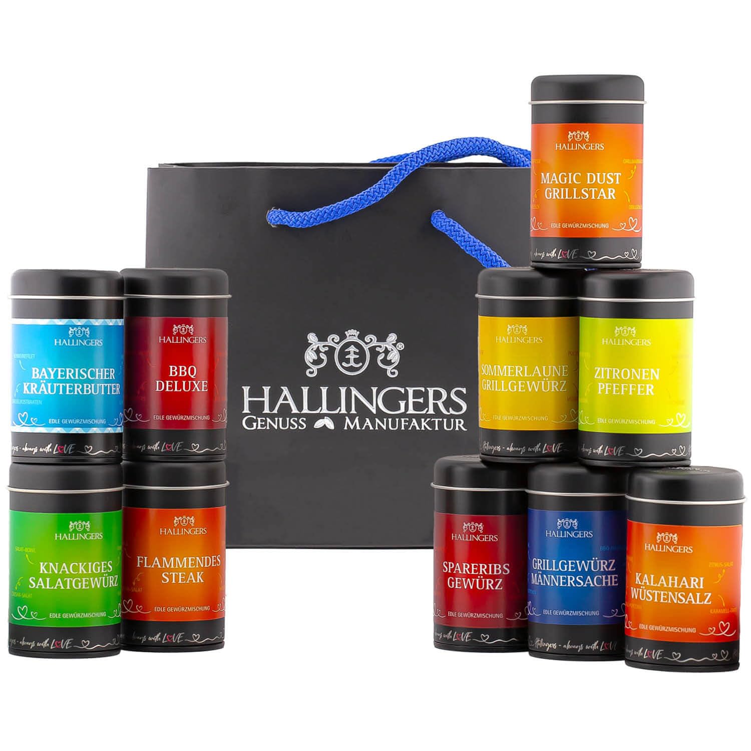 Hallingers Genuss Manufaktur Gewürz Geschenk-Set - Selektion unserer Besteller als Probierset in edlen Aromadosen & Tragetasche "Best of BBQ", Geschenkidee für Frauen Männer