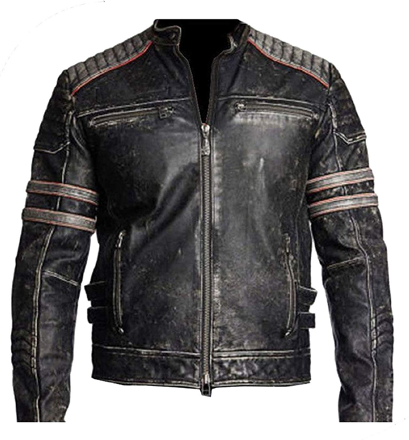 NM-Fashions Mens Cafe Racer Vintage Riding Lambskin Leather Retro Motorcycle Black DISTRESSED LEATHER BIKER JACKET