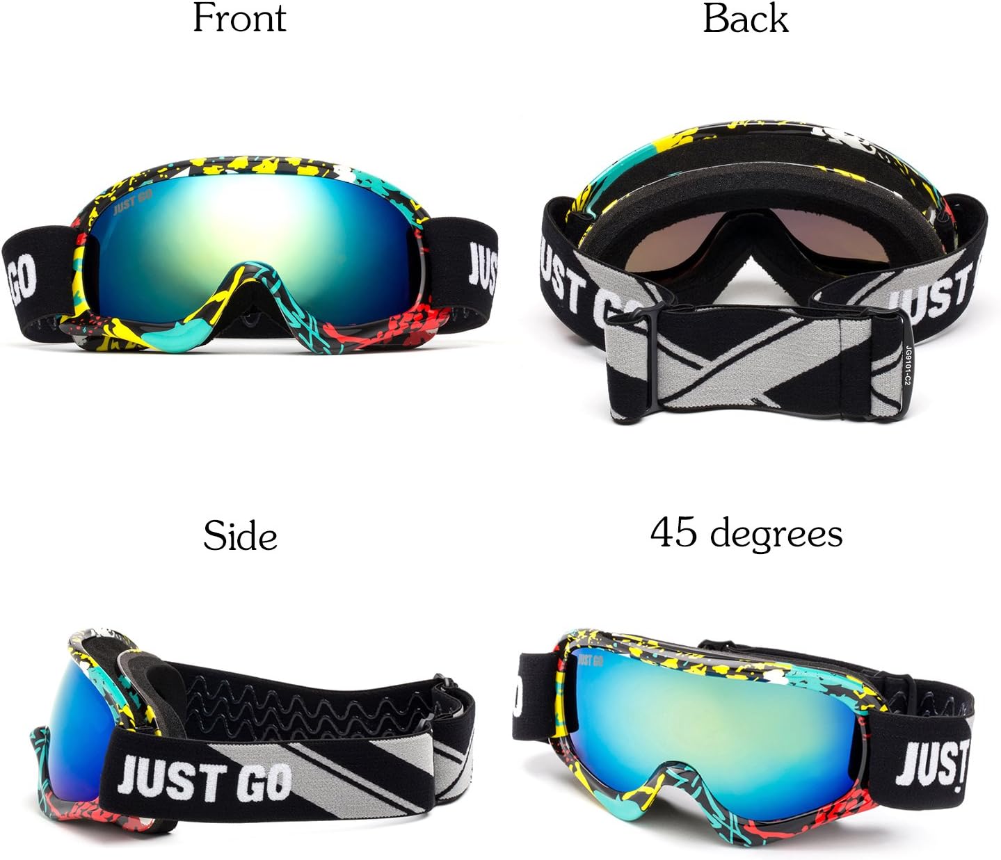 JUST GO Kids Ski Goggles with EVA case, Snowboard Snow Goggles Anti-Fog Double-Layer UV 400 Protection Lens for Boy and Girl, Multicolour Frame, Gold REVO Lens (VLT 12.8%) with EVA Case : Sports & Outdoors