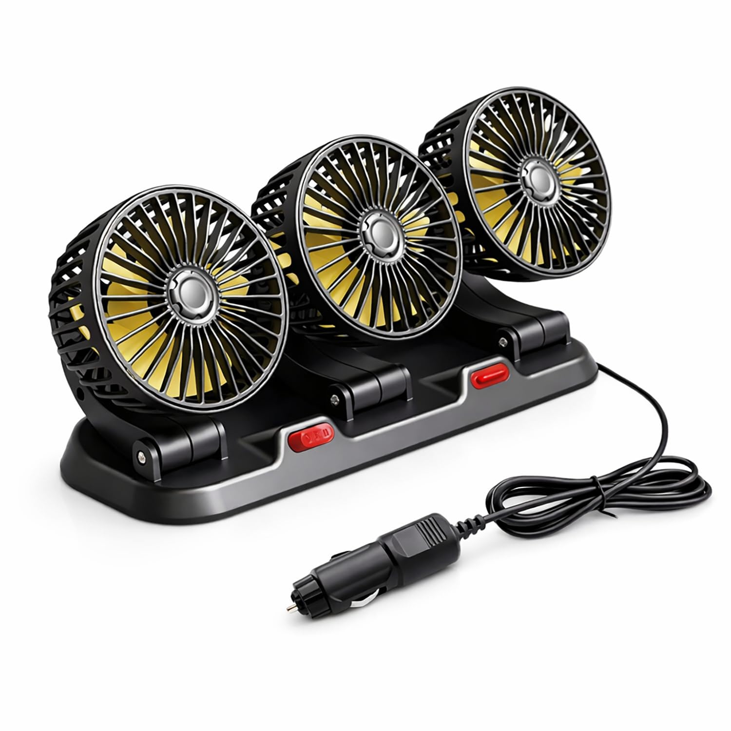 TIENDA EURASIA – Ventilador de Coche 12V Triple Cabezal con Rotación 360° | 2 Velocidades | Conexión a Toma 12V (Encendedor) | Cable 1,4 m | Negro | 32x11x16 cm