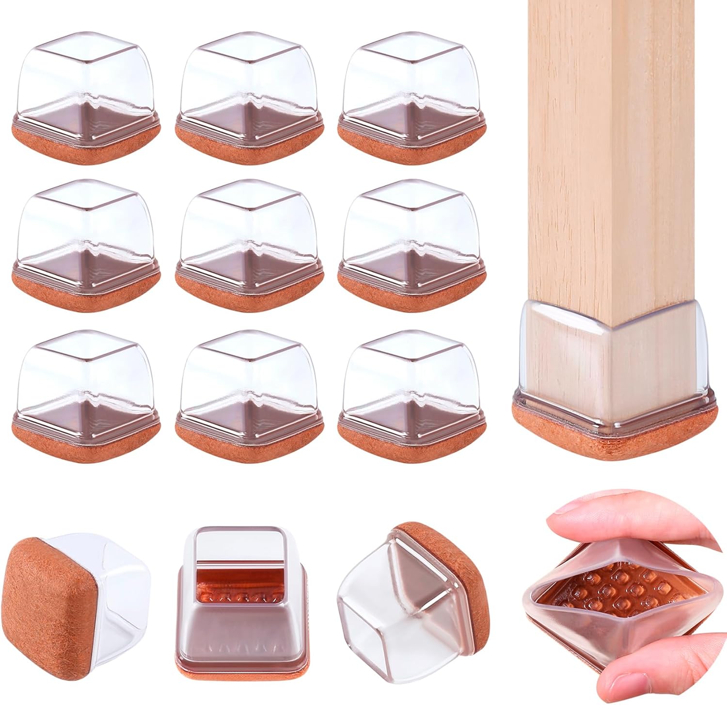 16PCS Square Chair Leg Floor Protectors, Felt Furniture Pads for Hardwood Floors, Clear Silicone Chair Covers, Large Floor Protectors for Furniture Legs, No Scratches and Noise(Fit:1"-1.4")