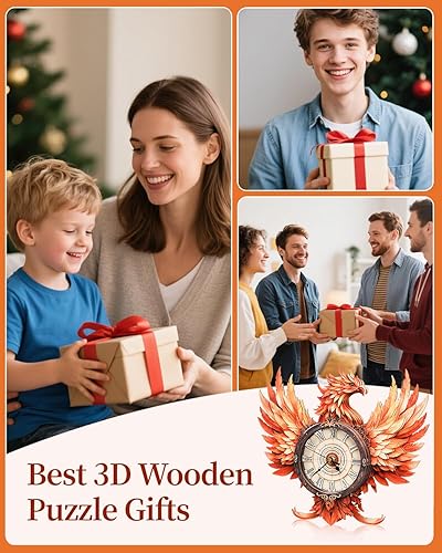 Miniatura 7 de Rompecabezas de madera 3D para adultos, kit de modelo de reloj de fuego fénix (con péndulo), 32 piezas, rompecabezas de madera para principiantes