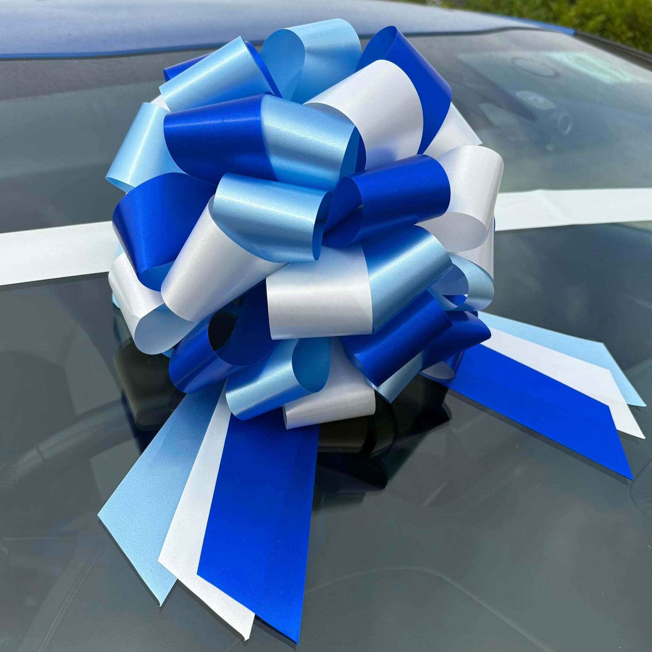 BIG GIFT BOW (25cm diameter) + 6 METRES of BLUE RIBBON for Cars, Bikes, Prams, Baby Showers, Big Birthday BLUE CREAM NAVY