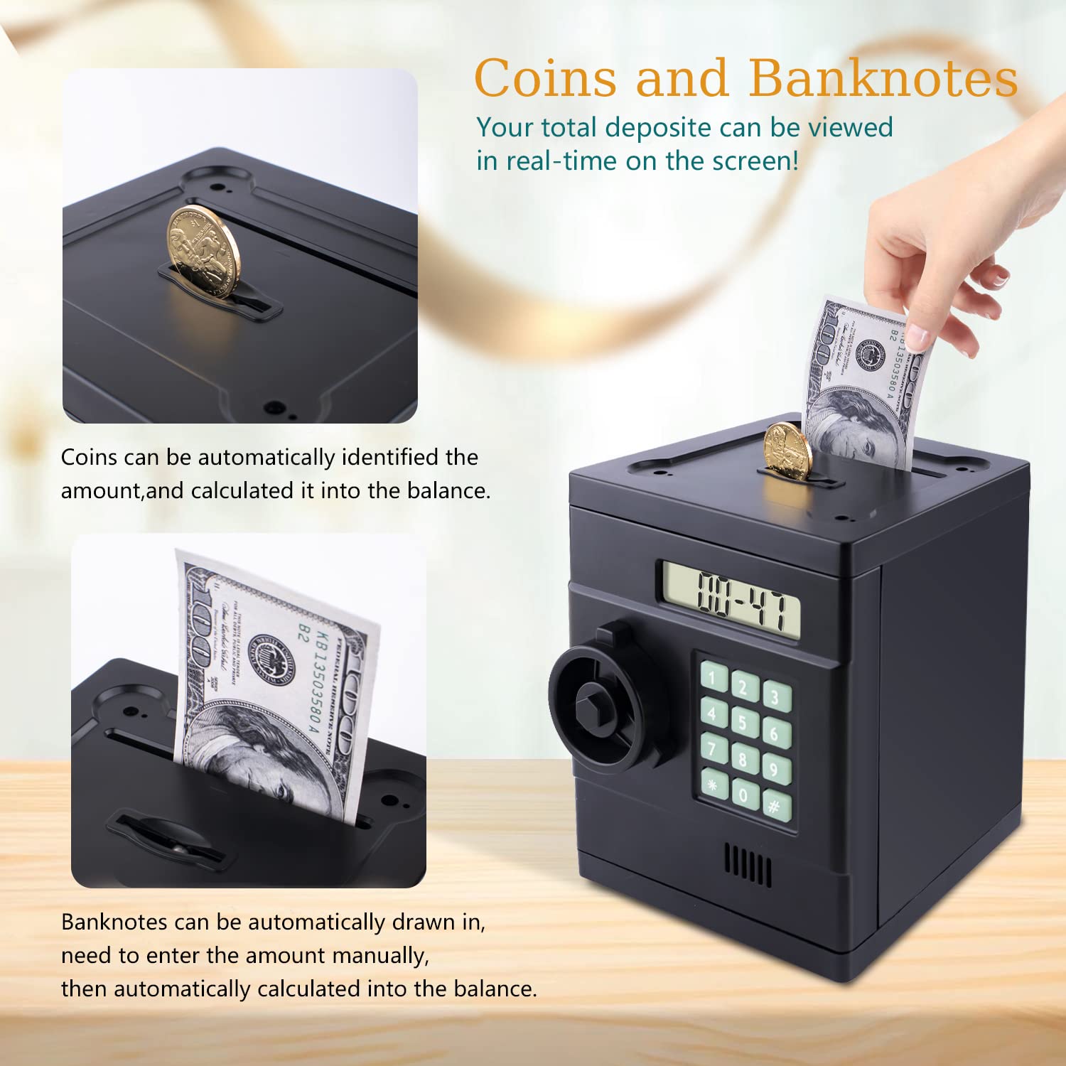 LB Upgrated Electronic Money Bank for Kids Auto Recognize Coin Piggy Bank for Boys Girls Auto Paper Money Scroll Mini Safe Box Password Display Balance Small Locker,Birthday Christmas Toy Gift,Black