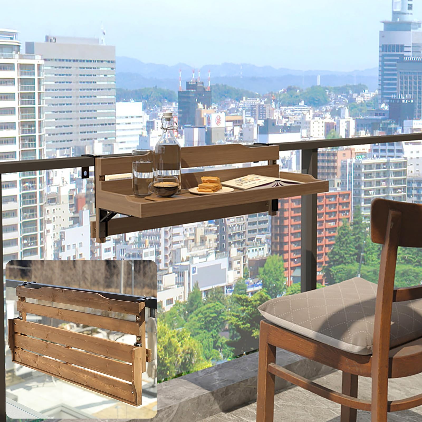 Regulowany składany stolik balustradowy na balkon, oszczędność miejsca, patio, stolik barowy, zewnętrzny stolik pomocniczy na taras i ogród, 60 cm, przenośny składany stół