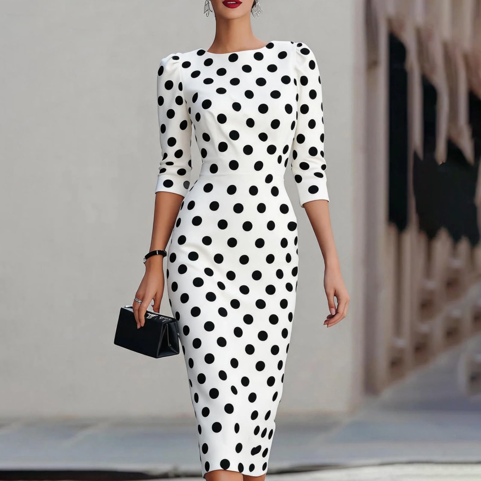 Abito estivo da donna, lunghezza al ginocchio, elegante, linea ad A, a pois, con maniche a 3/4, stile urbano, classico, slim fit, scollo rotondo, abbigliamento da lavoro per anziani