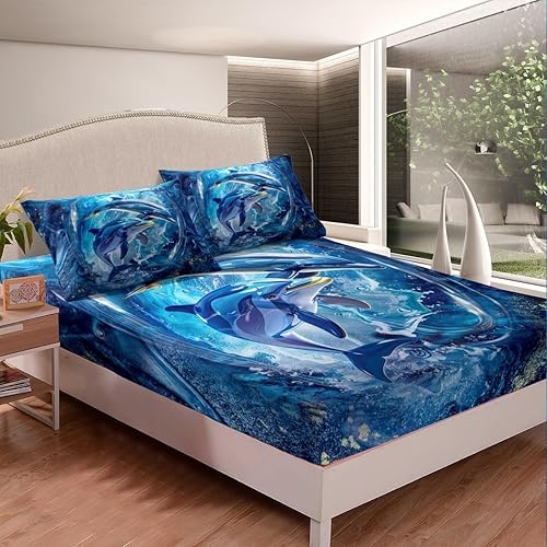 Miniatura 128 de jejeloiu Sea Turtle Sheet Set Ocean Creature Themed Sheets with Deep Pocket Fitted Sheet Sea Underwater World Bed Sheets Set Bed Reptile Tortoise