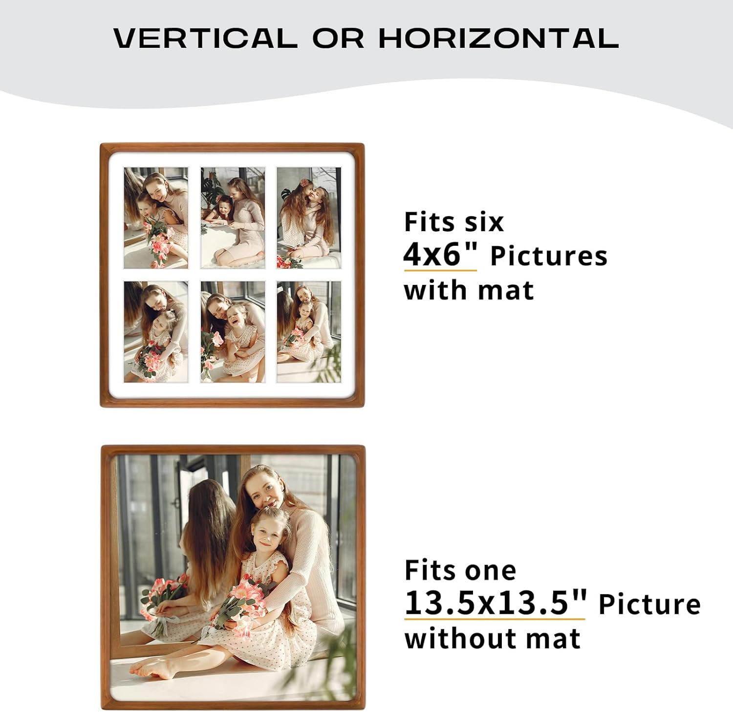 Golden State Art, 4x6 Collage Picture Frame - Solid Wood With Real Glass - Multi Picture Frame for (6) 4x6 Photos or One 13.5x13.5 Print - Rounded Corner Design - Collage Wall Decor - Brown