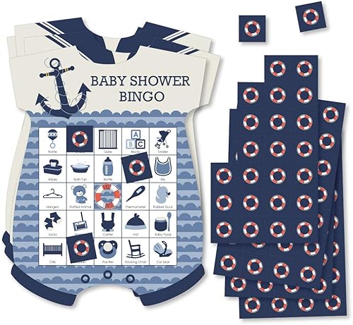 Big Dot of Happiness Ahoy - Náutico - Tarjetas de bingo con imágenes y marcadores - Juego de bingo en forma de baby shower - Juego de 18