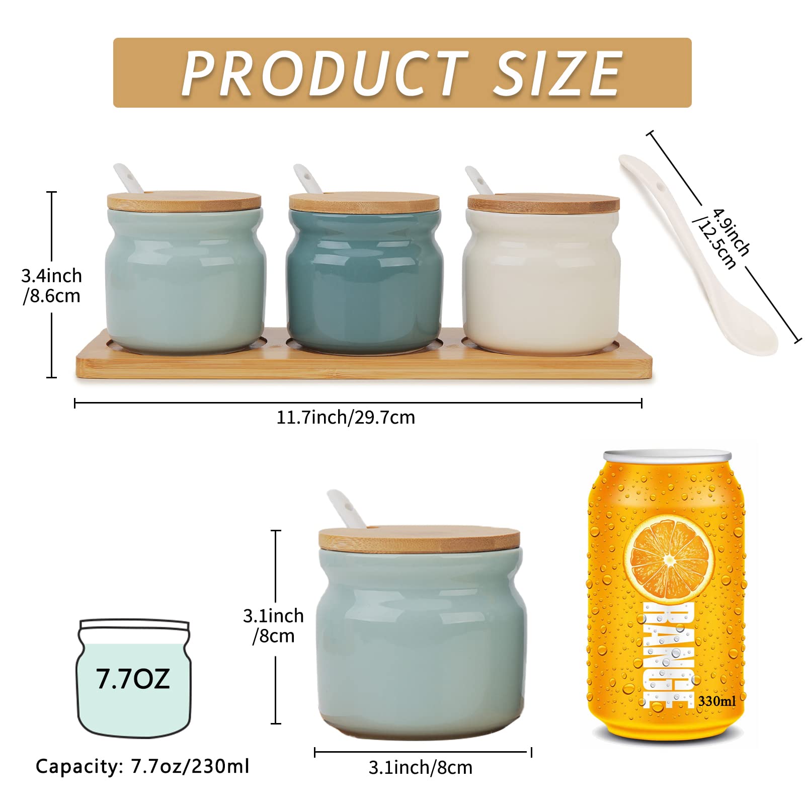 Chase Chic Tarro de condimentos, Juego de Tarros de Cerámica para Condimentos con Tapas, Cucharas y Bandeja de Madera, Cerámica Spice Jar Envase 230ml, Ideal para La Cocina del Hogar