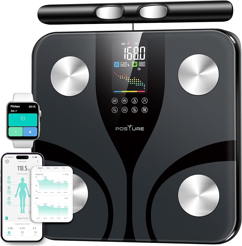 Báscula para peso corporal con 8 electrodos, báscula de baño digital inteligente para peso, grasa corporal, masa muscular 28 métricas de composición corporal, con plataforma más grande y pantalla LCD colorida, 400 libras