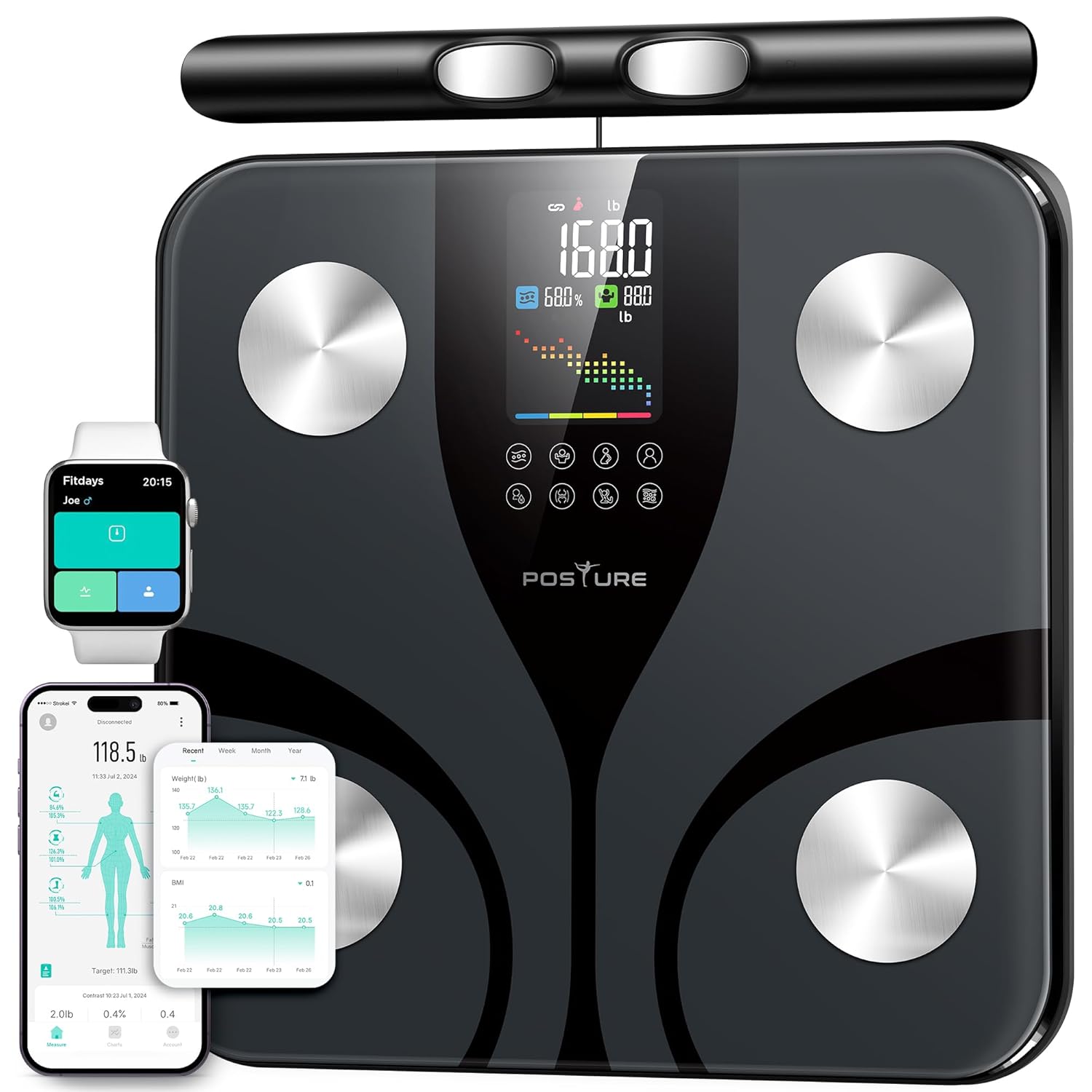 Posture Scale for Body Weight with 8 electrodes, Smart Digital Bathroom Scale for Weight, Body Fat, Muscle Mass 28 Body Composition Metrics, with Larger Platform and Colorful LCD Display,400lbs
