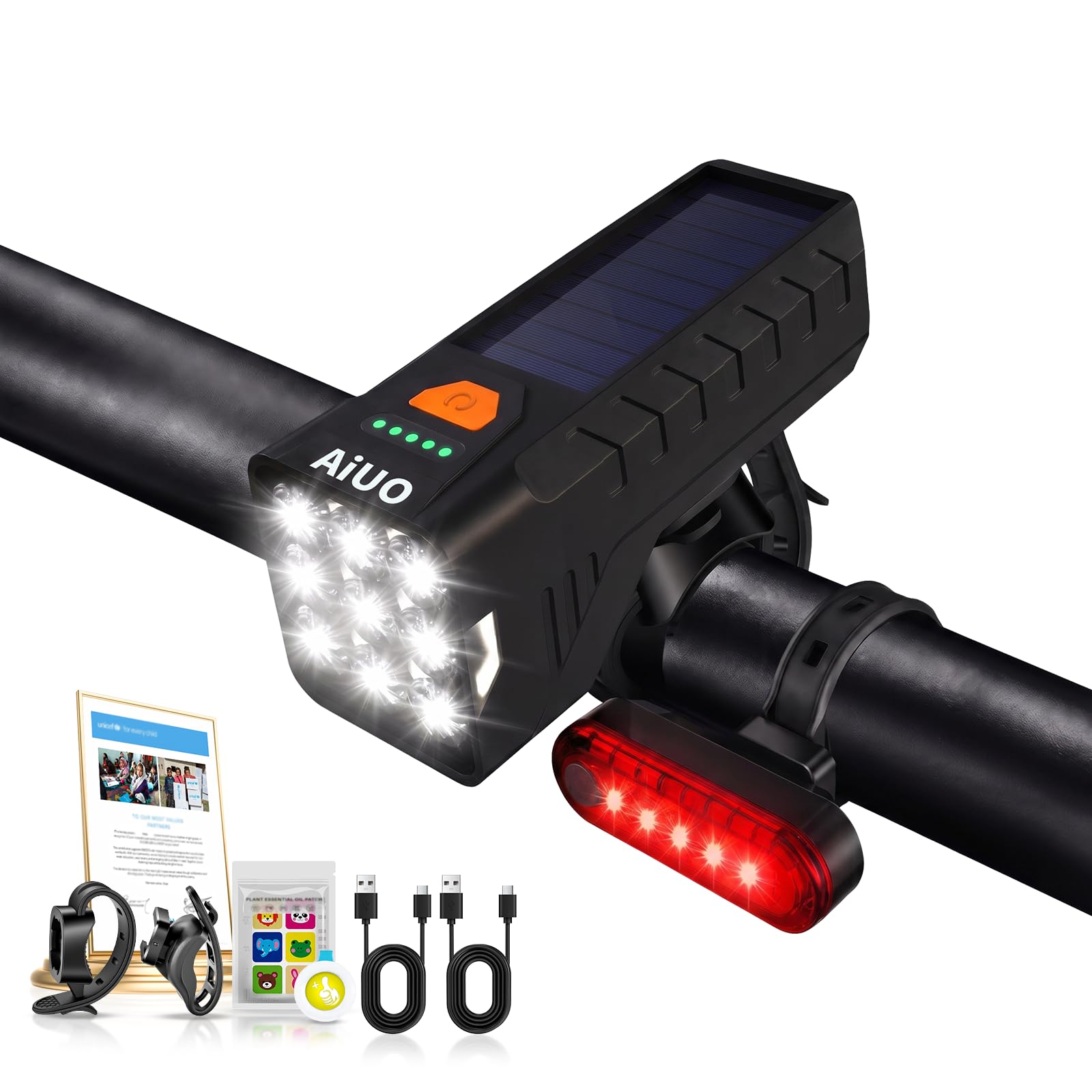 NEW Upgrade Bike Lights front and back【9-LED System–Wide Coverage】Bike Lights【Solar+USB Dual –Sun & Fast Charge】Bike Accessories 9 Modes, IP67, for Mountain/Road Bike, Headlight Taillight DRL 3-in-1