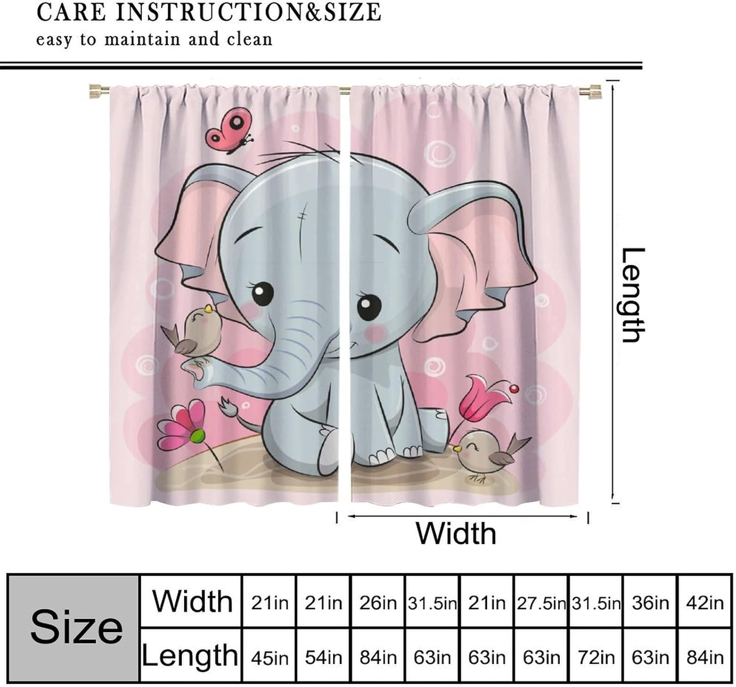 Cartoon Elephant Curtains Cute Baby Elephant Birds Butterfly Pattern for Kids Room Decoration Blackout Print Rod Pocket Window Drapes for Bedroom Living Room 42x45in