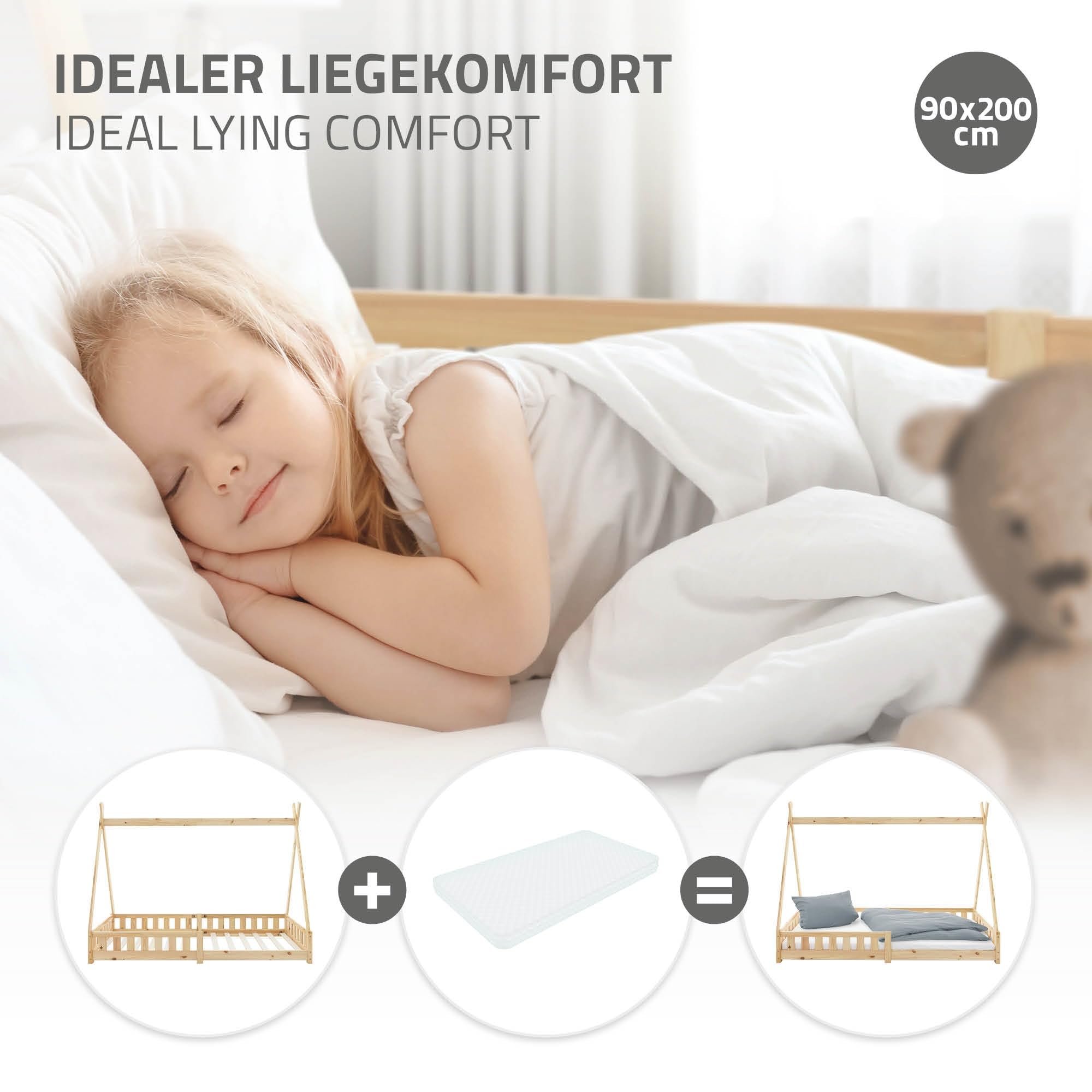 ML-Design Lit d'enfants Tipi 90x200 cm Naturel avec Protection Antichutes et Sommier à Lattes, Bois de Pin, Style Indien pour Filles/Garçons, d'Intérieur avec Clôture, Maison d'enfant Tente de Jeu