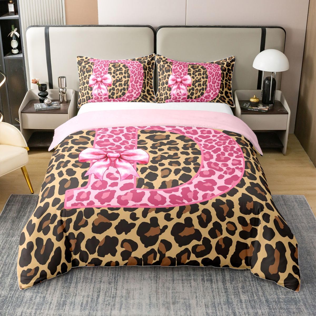 Housse de couette personnalisée lettre D imprimé guépard rose marron