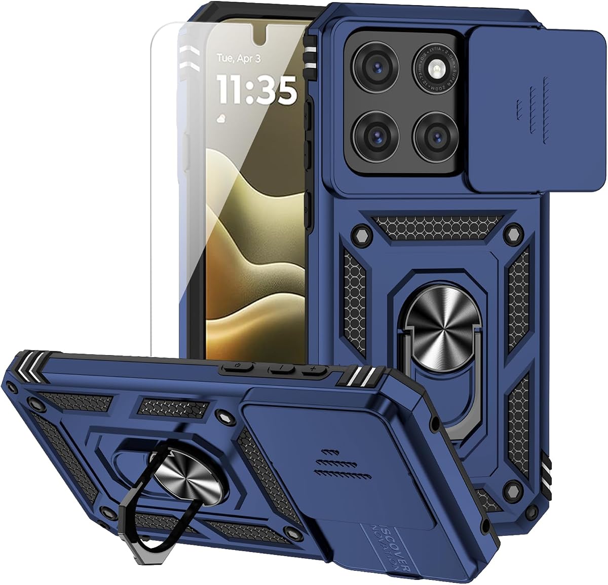 for Motorola Edge 2026 Case, with Camera Lens Cover Screen Protector, Dual Layer Military-Grade Drop Tested Magnetic Ring Holder Kickstand Protective Phone Case for Motorola Moto Edge 2026 (Navy Blue)
