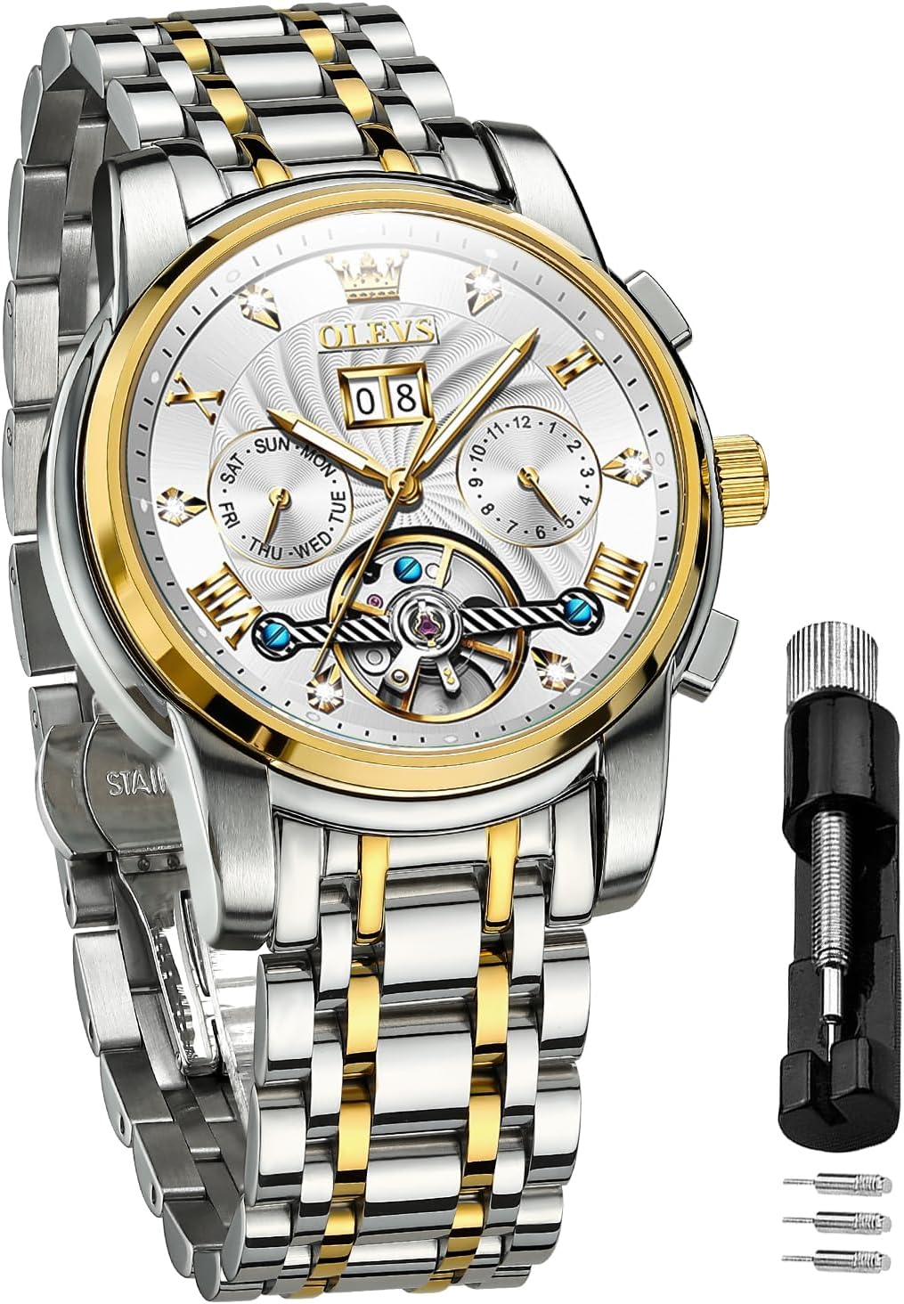 OLEVSMens Watch Automatic Mechanical Tourbillon Self Winding Luxury Stainless Steel Waterproof Luminous Date Wrist Watch