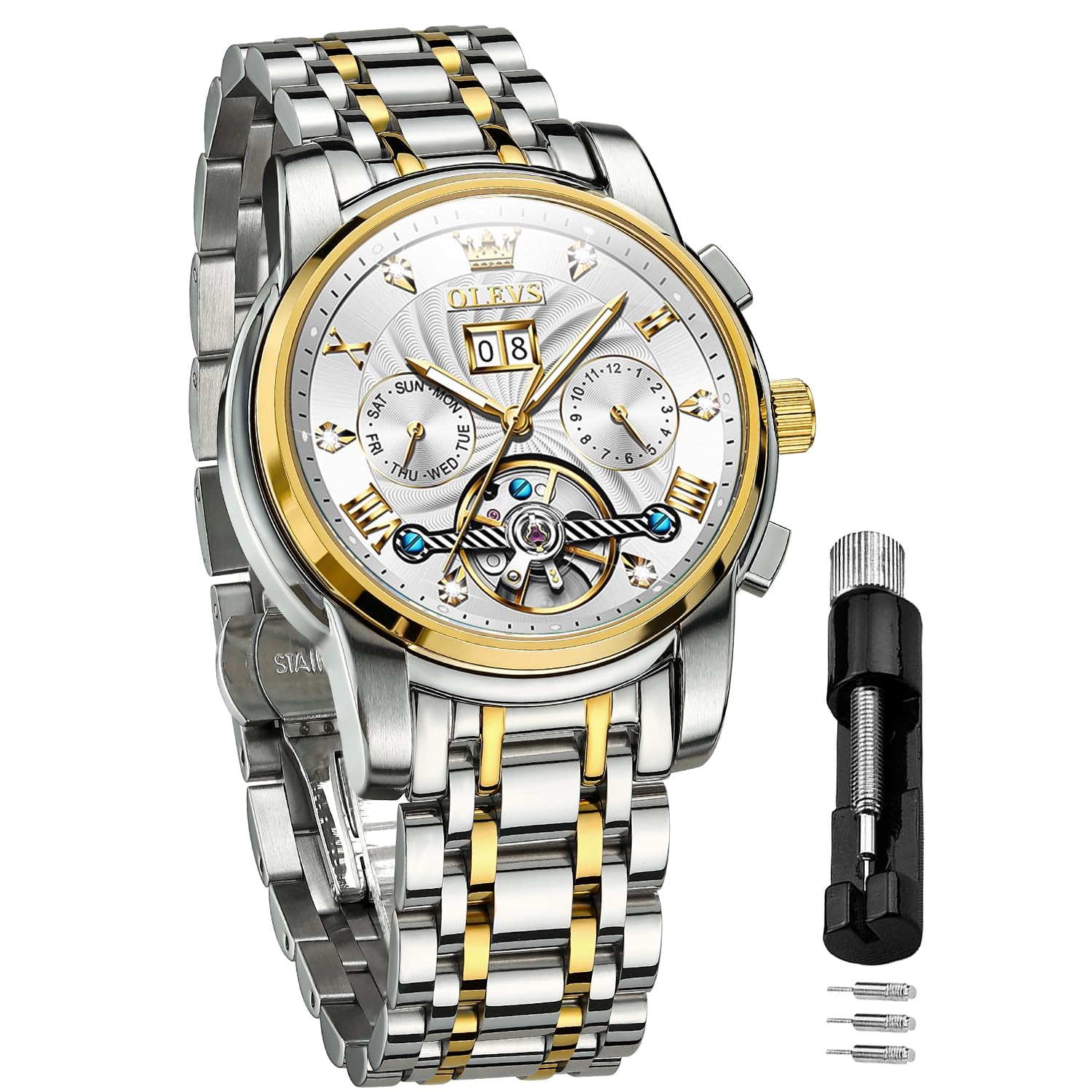 OLEVSMens Watch Automatic Mechanical Tourbillon Self Winding Luxury Stainless Steel Waterproof Luminous Date Wrist Watch