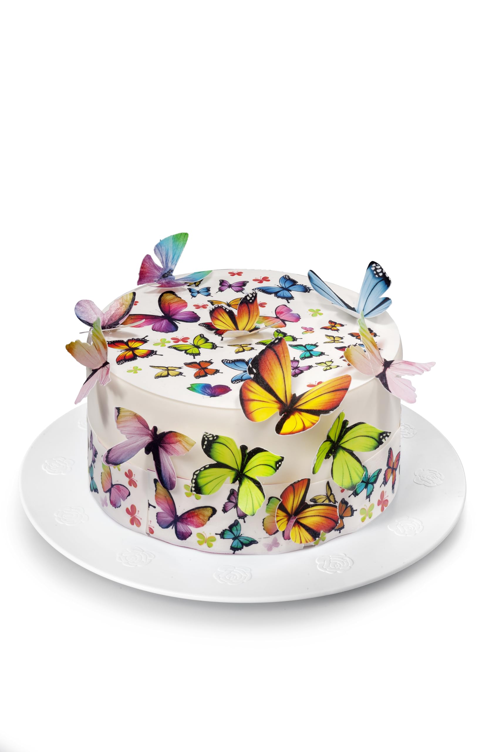 Kardasis Schmetterlinge Zuckerpapier Tortenaufleger | Essbarer Aufleger für Torten und Kuchen | Tortendekoration für den Schmetterlinge Themengeburtstag | 20cm+ 4 band 28x4cm + 12 Essbare Figuren