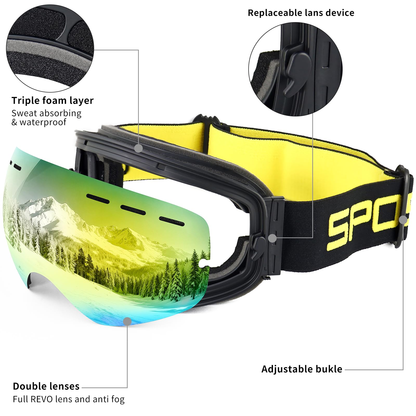 SPOSUNE Lunettes de ski avec double lentille sphérique anti-buée interchangeable, protection 100 % UV400, pour homme, femme, jeune, compatible avec les casques, anti-reflets, résistant aux chocs