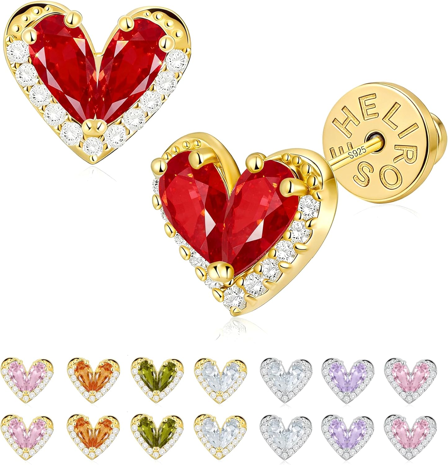 Helirose Heart Stud Earrings for Women, S925 Sterling Silver Posts 14K Gold Plated Hypoallergenic, Gift Box & Message Card (Red-Gold)