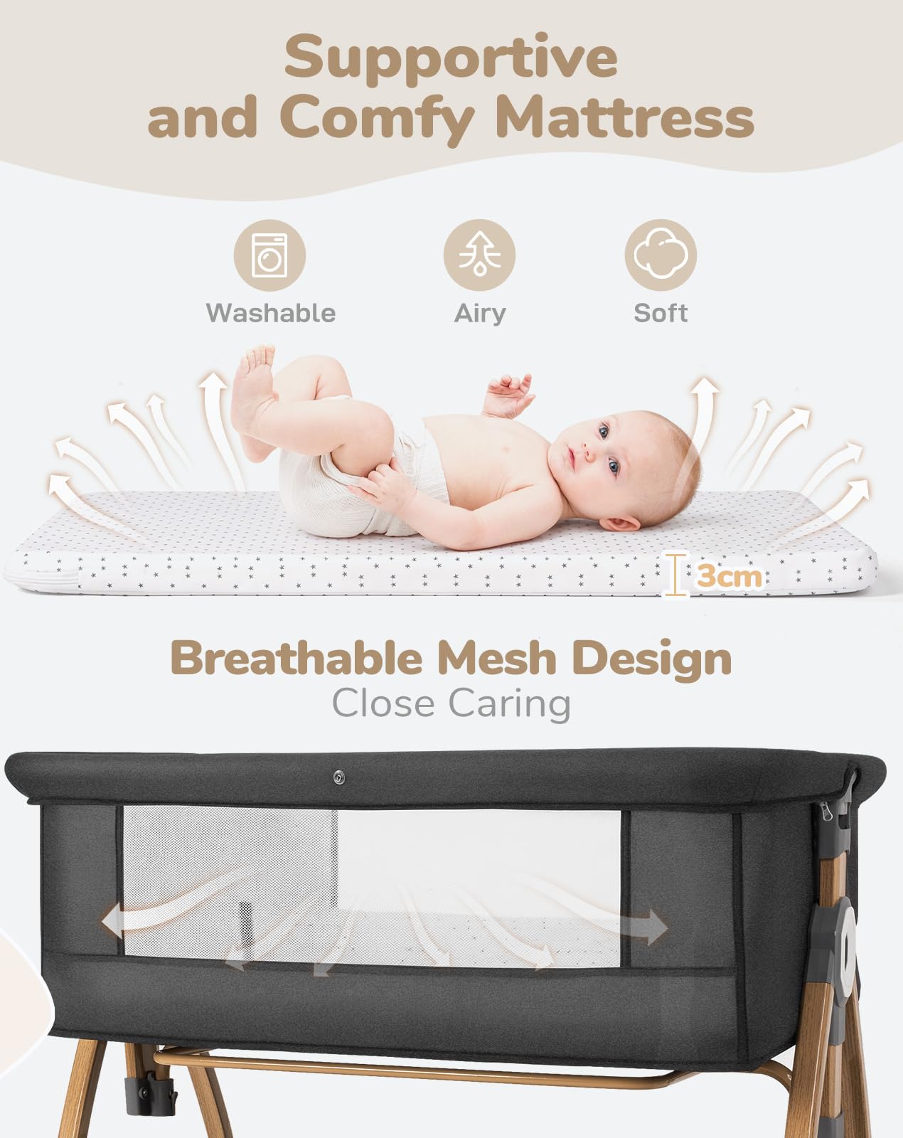 COMOMY Bassinet nocny 3 w 1 z kółkami, łóżeczko Next to Me, ciemnoszary