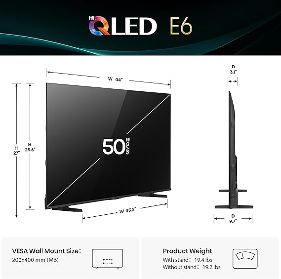 Hisense 50 E6 Cinema Series Hi-QLED 4K UHD Smart Fire TV (50E6QF) - AI Light Sensor, Dolby Vision Atmos, Voice Remote with Alexa, Motion Rate 120, HDR 10+ Adaptive, Game Mode Plus