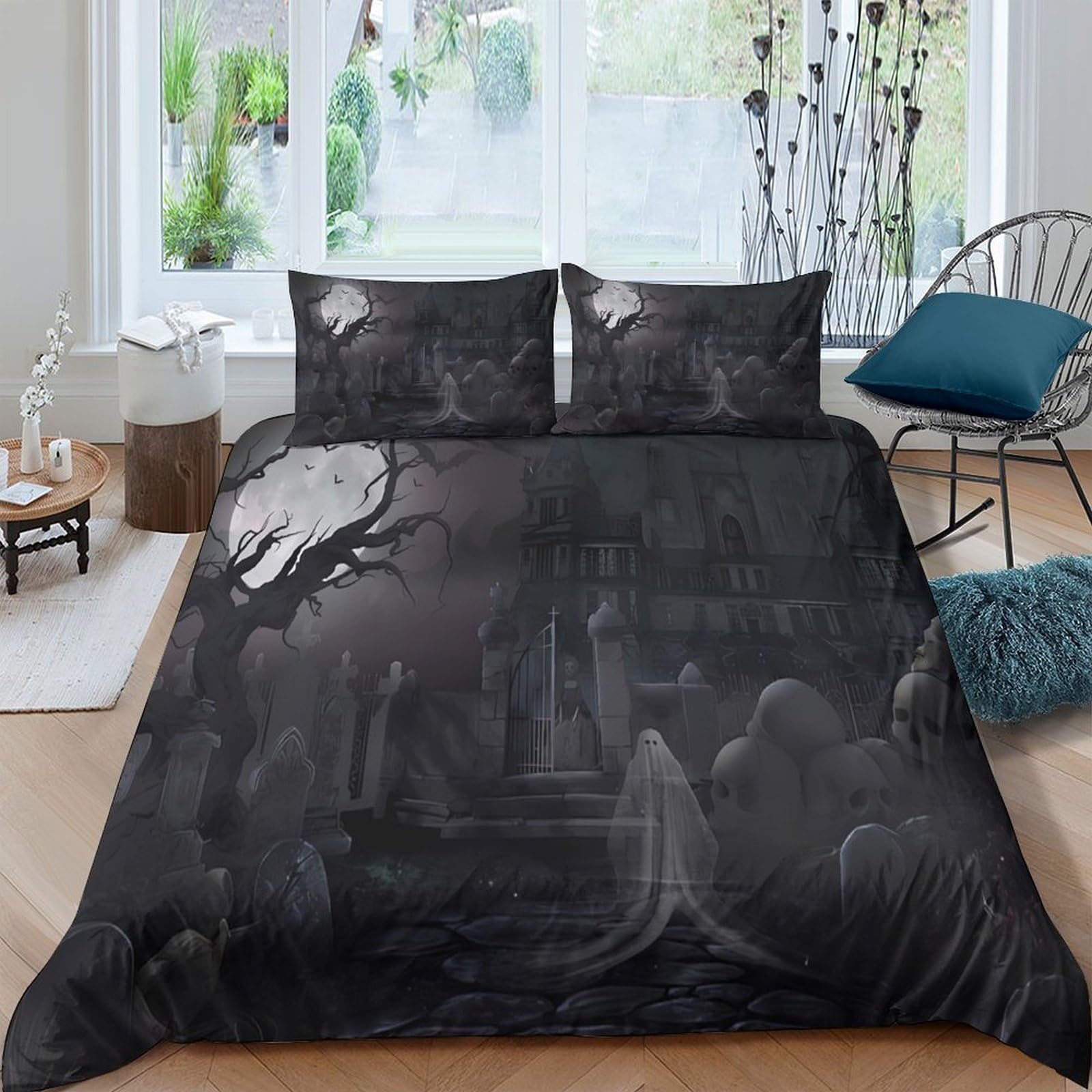 GPLZQXKJNH 3D Printed Gothic Forest Duvet Cover Microfiber Black Skull Bedding Set with 2 Pillowcases for Bedroom Decor Single（135x200cm）