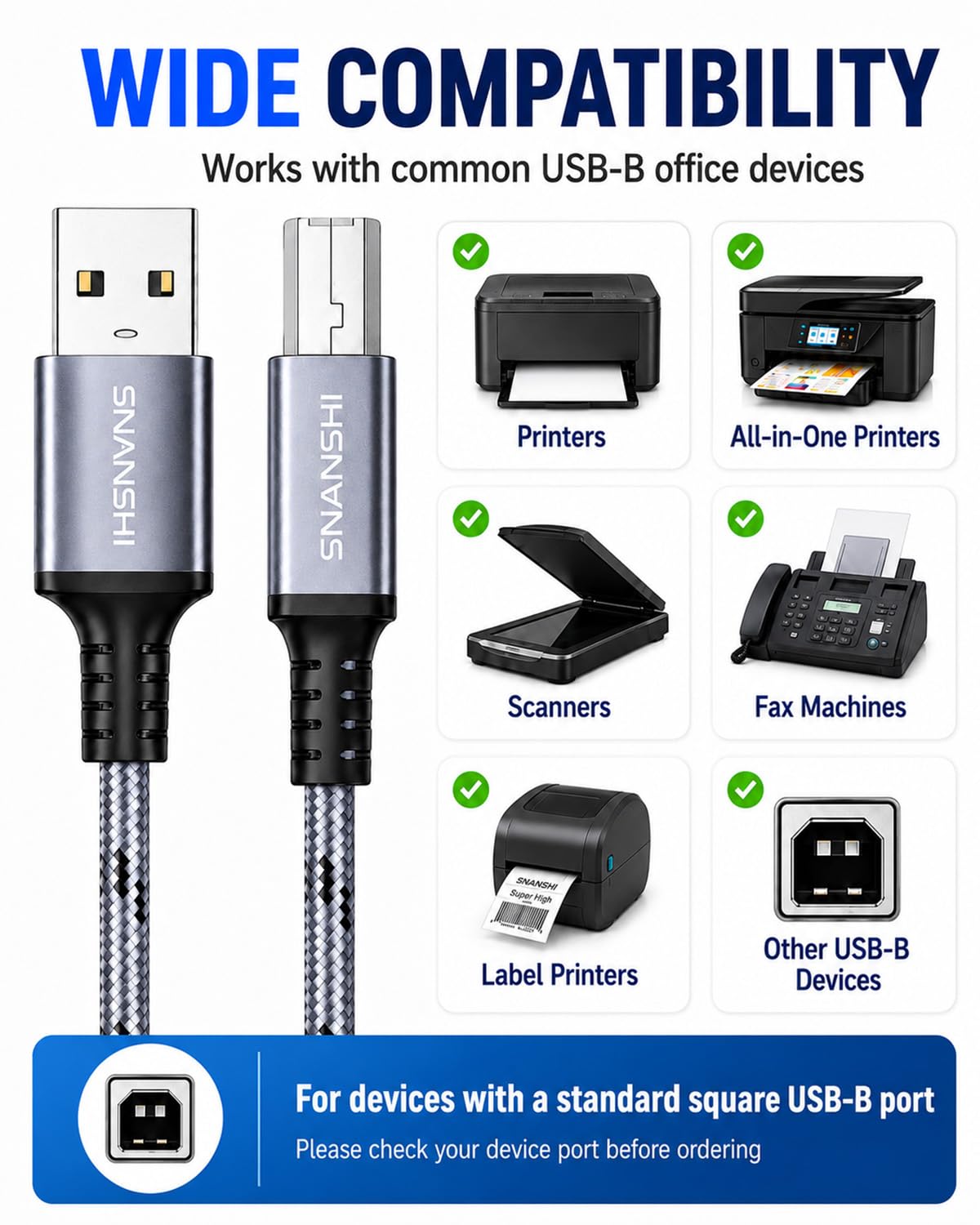 SNANSHI USB Printer Cable 6ft, Nylon Braided Printer Cable to USB Stable Wired Connection for HP, Canon, Brother, Epson – Plug & Play, Works with DeskJet, OfficeJet, PIXMA, MFC Series