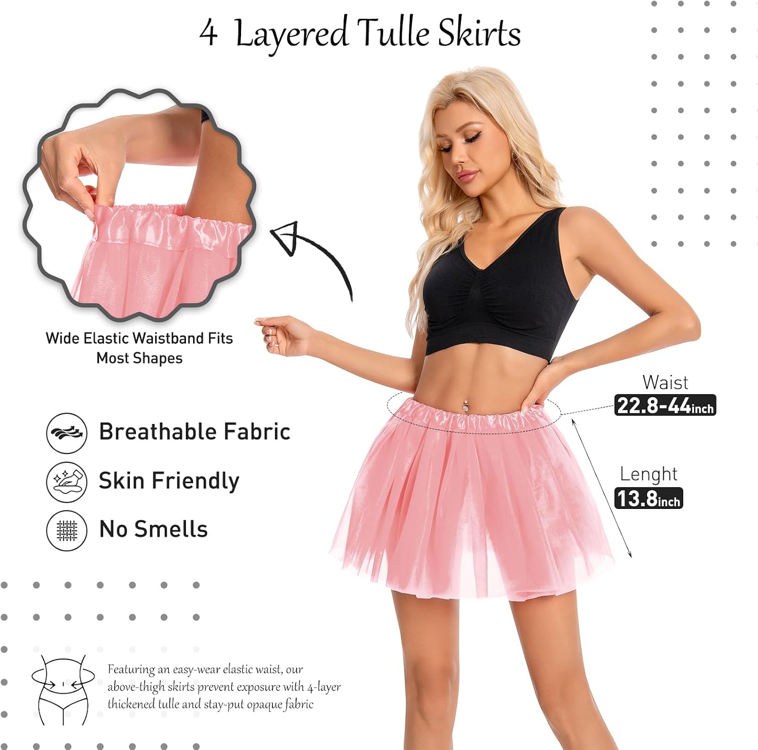 Tutu for Women Adults, 4 Layered Tulle Skirts, Halloween Running Ballet Dance Party Costume Dress Light Pink