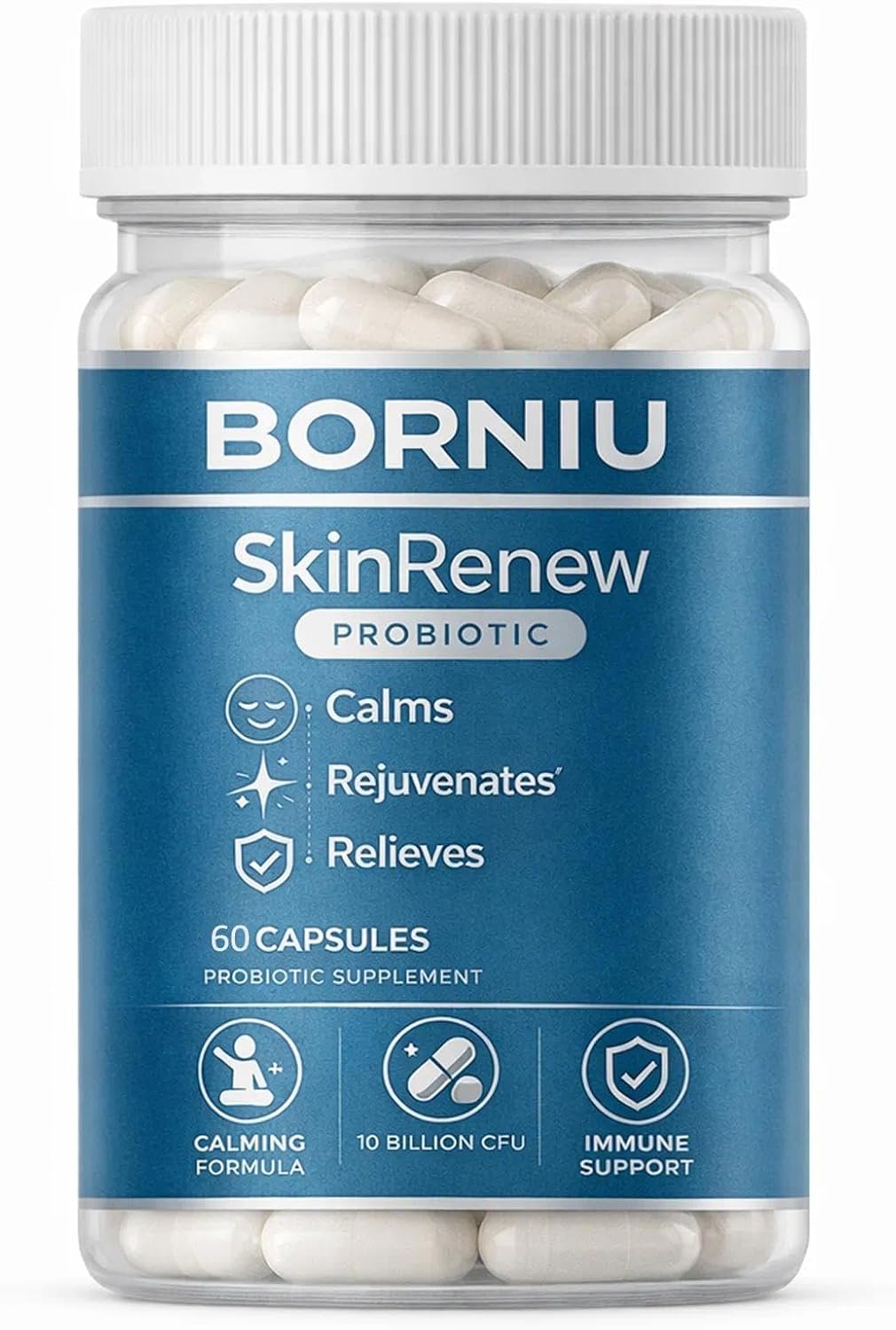 Borniu SkinRenew Probiotic for Gut and Skin Support, 10 Billion CFU, 5 Targeted Probiotic Strains Plus Inulin Prebiotic Fiber, Vegan, Non-GMO, 60 Capsules(1pc)