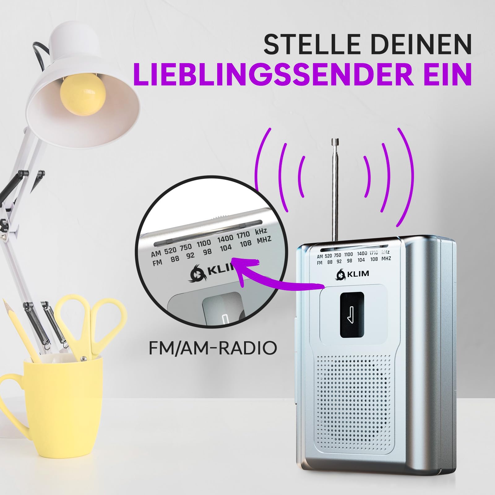 KLIM K8 Kassettenspieler - Kassettenrekorder - NEU Cassette Player - AM/FM Kassettenradio - Eingebautes Mikrofon & Lautsprecher - Kopfhöreranschluss & Ohrhörer - Silber