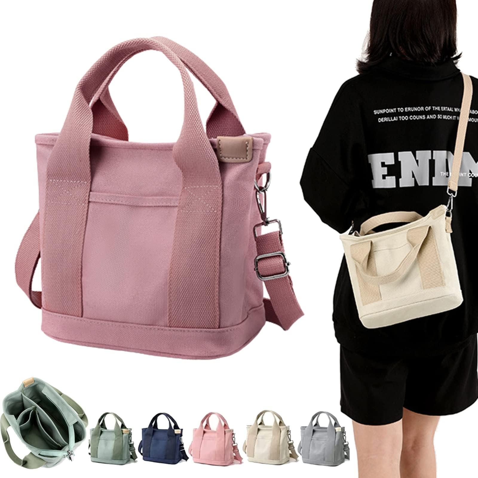HWWGSHHWWGSH Misawa Shinichiro Bag, Japanese Handmade Large Capacity Multi-Pocket Handbag, Canvas Tote Bags for Women, Bento Pack, Lunchbox Bag, with Zipper (Pink)