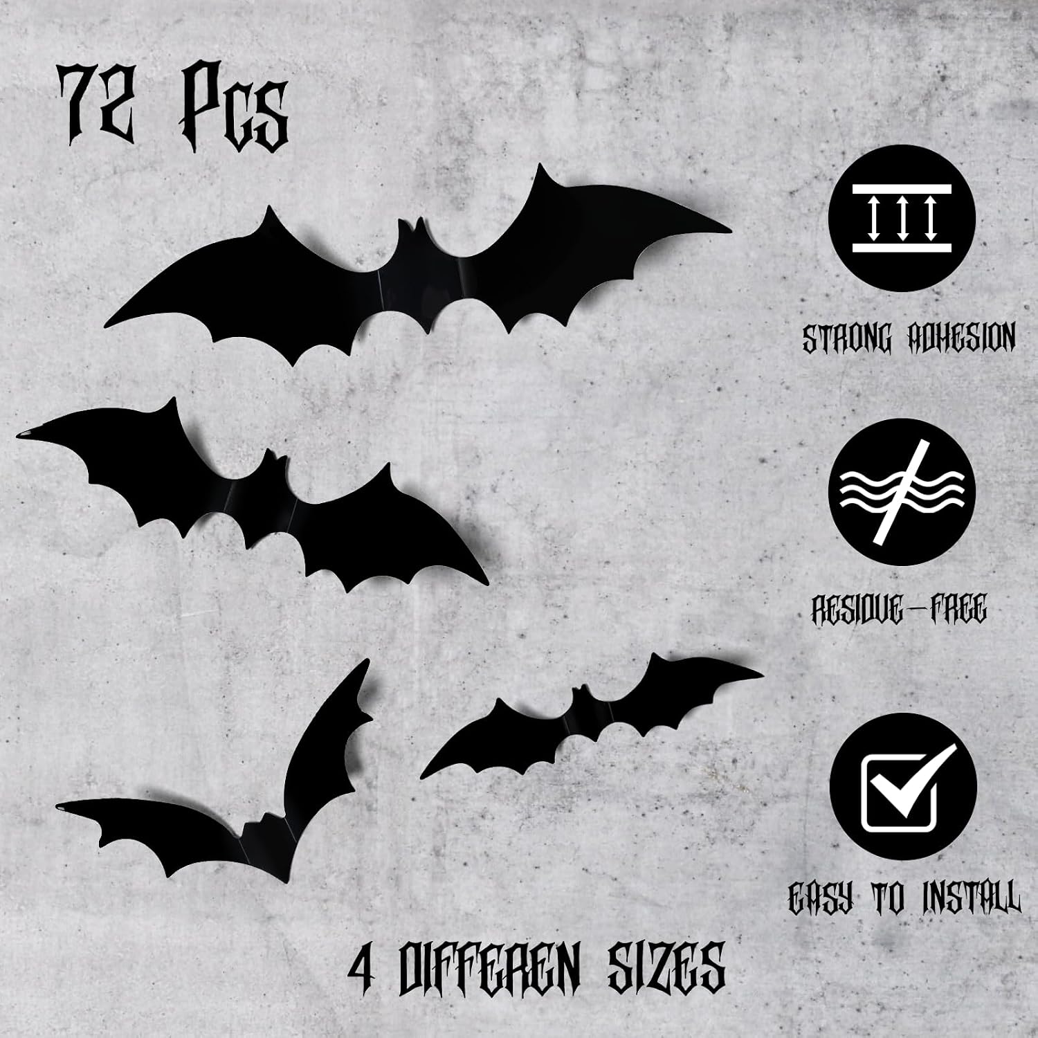 LOLStar 72PCS Halloween Bats Decoration, 4 Different Sizes Realistic PVC Black 3D Scary Bat Stickers for Home Decor DIY Wall Decal Indoor, Outdoor Halloween Party Supplies image 2