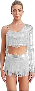 TiaoBug Women Metallic Tassels Rave Outfit Asymmetrical Shoulder Crop Tops Shorts Latin Belly Music Festivals Costume