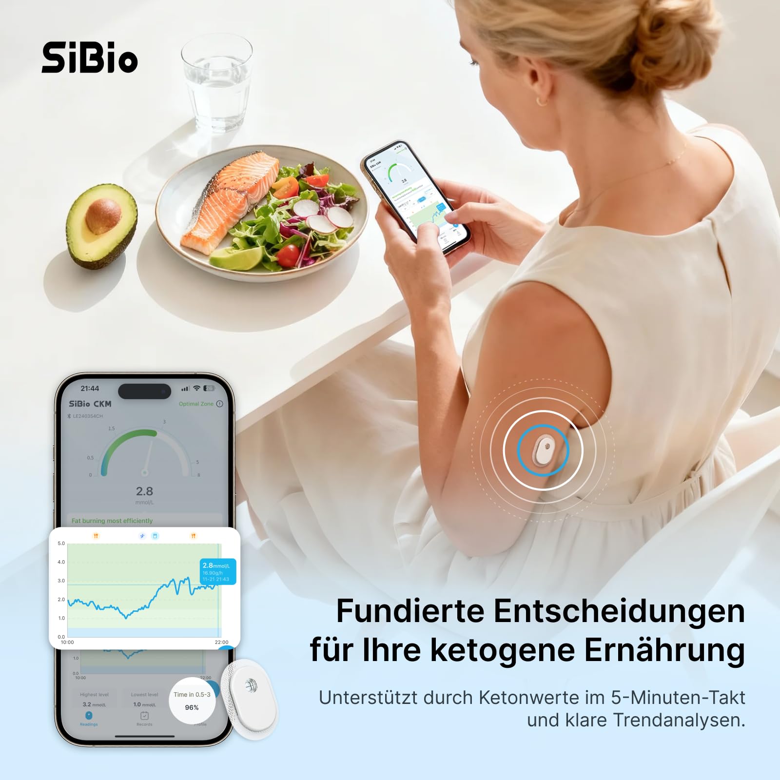 SIBIO KS3 Kontinuierliches Keton-Monitoring (CKM), 14-Tage Wearable-Sensor zur präzisen Ketose-Überwachung, Professionelles Echtzeit-Tracking für ketogene & Low-Carb-Diäten, kompatibel mit iOS/Android