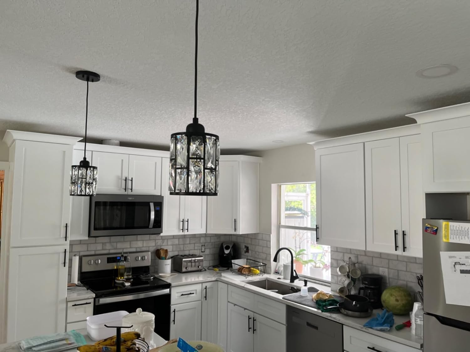 3 Pack 1 Light 5.3" Crystal Hanging Kitchen Island Pendant Light Black Finish,Concise Pendant Fixture Crystal Plate Metal Shade for Bar,Dining Room,Living Room Over Sink