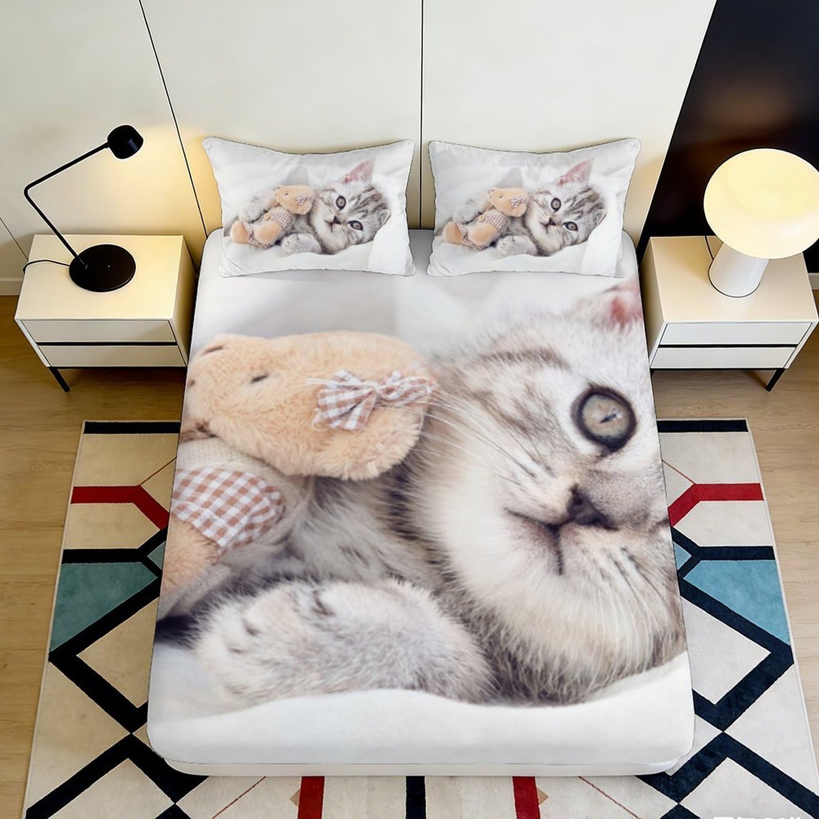 3D Printed Cat Design Fitted Sheet Microfiber Elastic Hem Deep Pocket Cat Mattress Fitted Cover Bedroom Bedding for Adults Teens 200x200x25cm 90x200x25cm