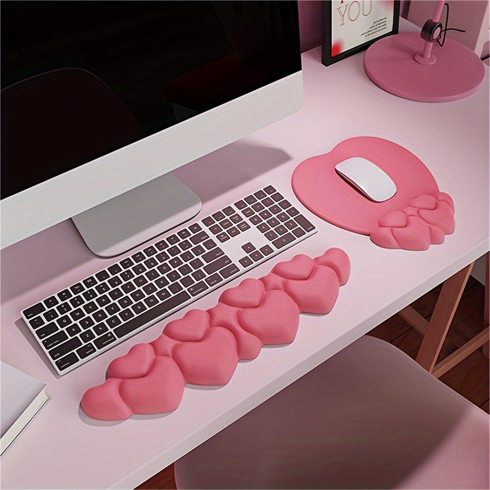 Poggiapolsi per tastiera 1 Set Heart Shape Mouse Pad With Gel Filled Wrist Rest - Ergonomic Keyboard Support Non-Slip per Office(Pink)
