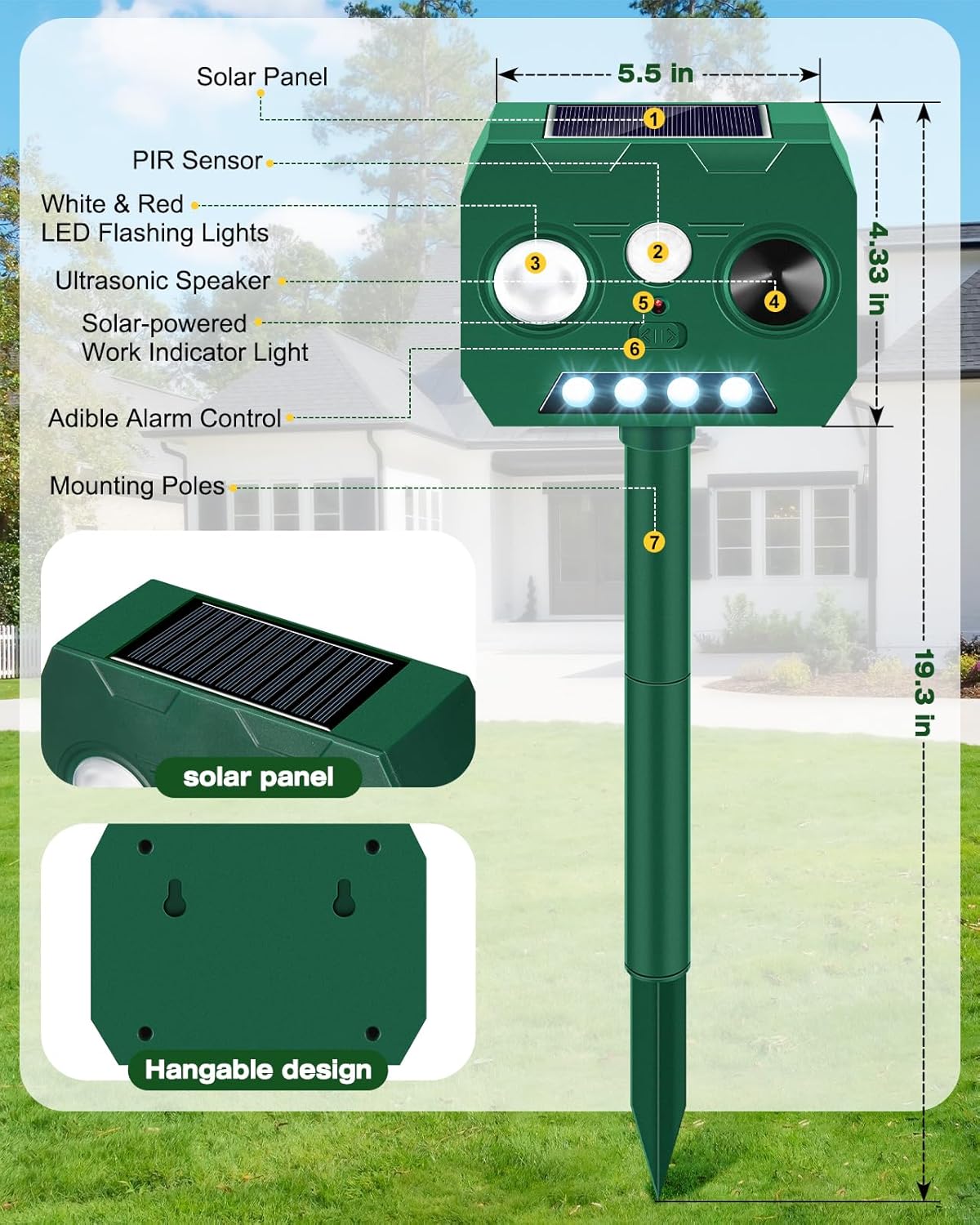 Solar Ultrasonic Animal Repellent Outdoor, 2 Pack Cat Repellent Outdoor Deer Repellent Devices with PIR Motion Sensor ＆ LED Flash, Waterproof Squirrel Repeller, Cat, Raccoons, Rabbits, Deer, Skunk