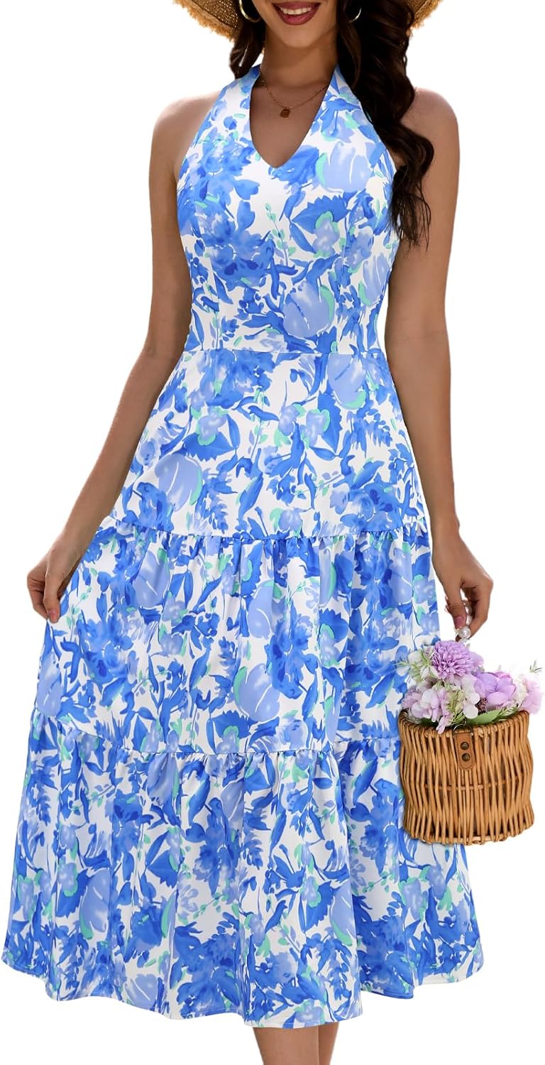 DRESSTELLS Womens Summer Floral Maxi Dress 2026 Casual Halter Spaghetti Strap Tiered Flowy Beach Long Sundress