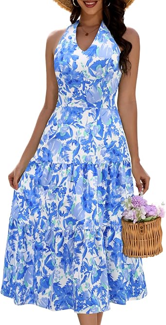 DRESSTELLS Womens Spring Floral Maxi Dress 2026 Casual Halter Vacation A-line Tiered Flowy Boho Summer Dresses
