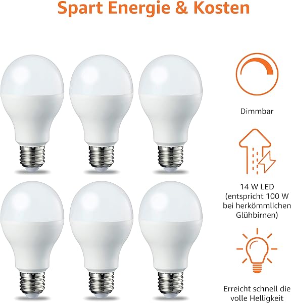 Amazon Basics E27 LED Lampe, 14W (ersetzt 100W), warmweiß, dimmbar - 6er-Pack - 4