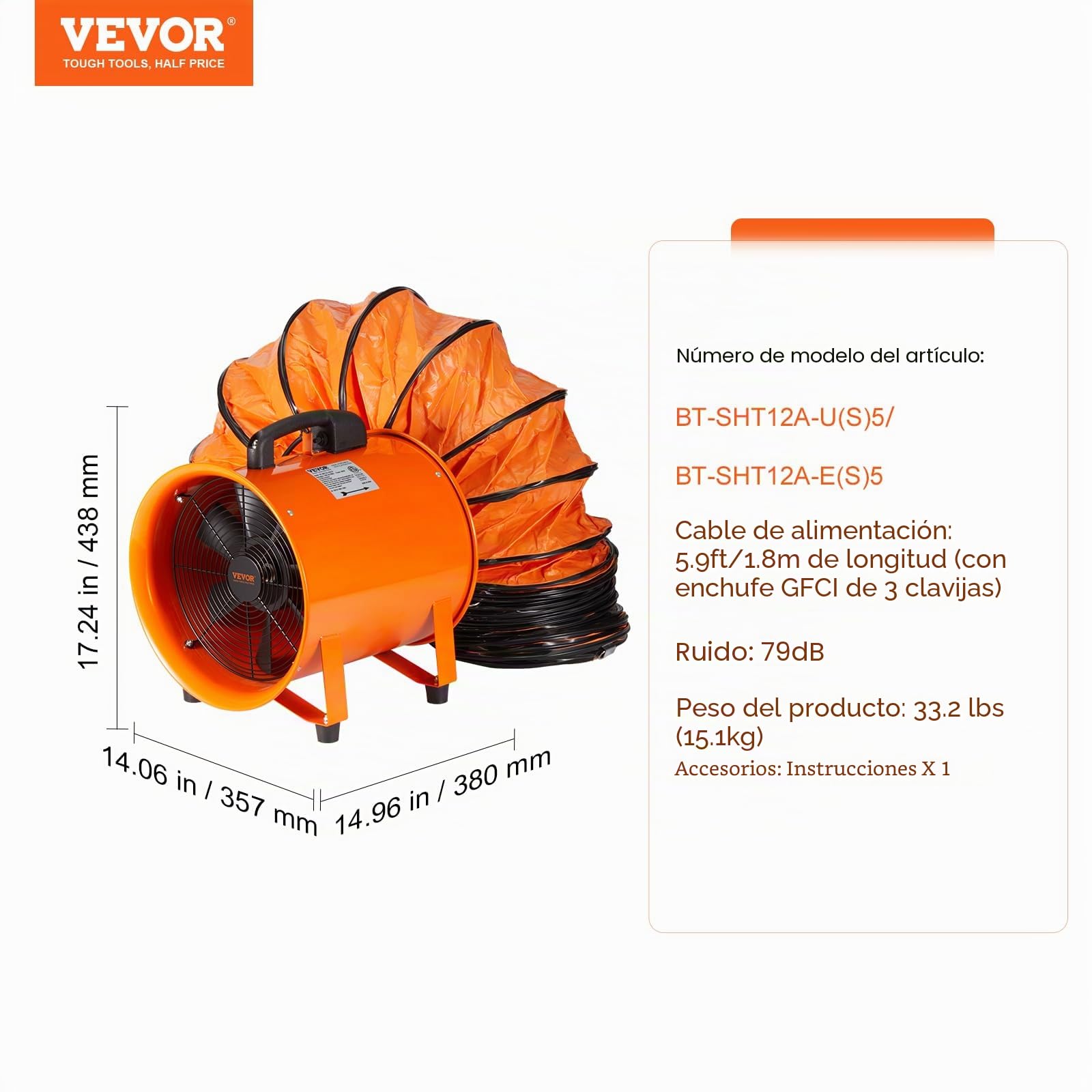 VEVOR Ventilador de extracción 367 W Extractor de aire Conducto Industrial 304,8 mm Tubo de extracción 5 m Volumen de aire 4373 m3/h Ventilador de escape para extraer polvo humo casa trabajo